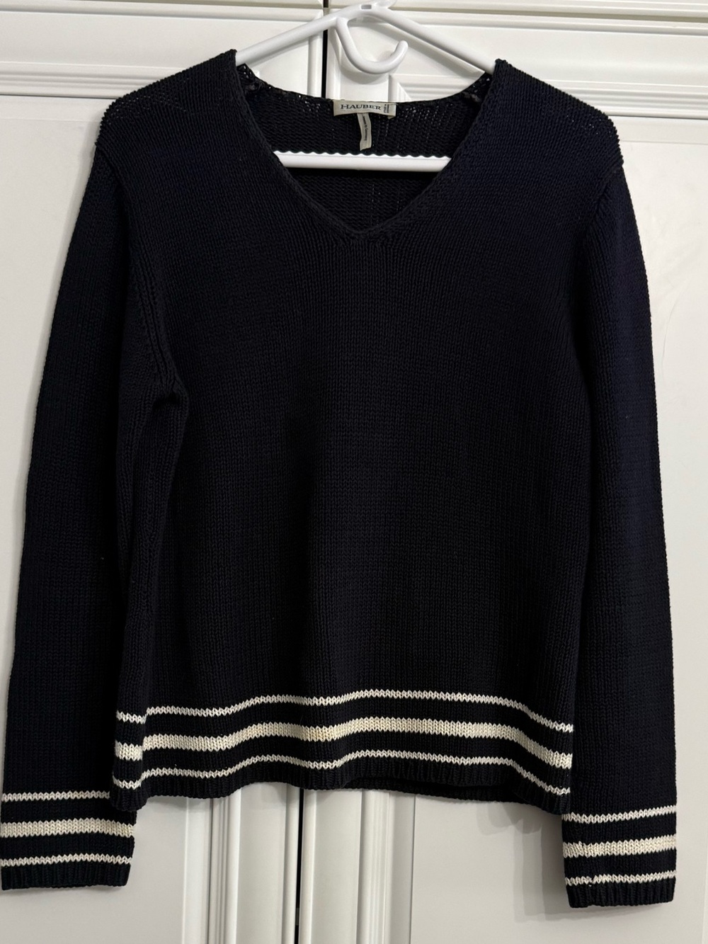Hauber Navy Blue V-Neck Cotton Knit Sweater Floral Back Detail Striped Size M